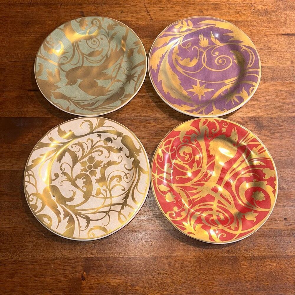 Pottery Barn Stoneware Jewel Plates 9" Holiday Gold Florentine Birds Set (4)